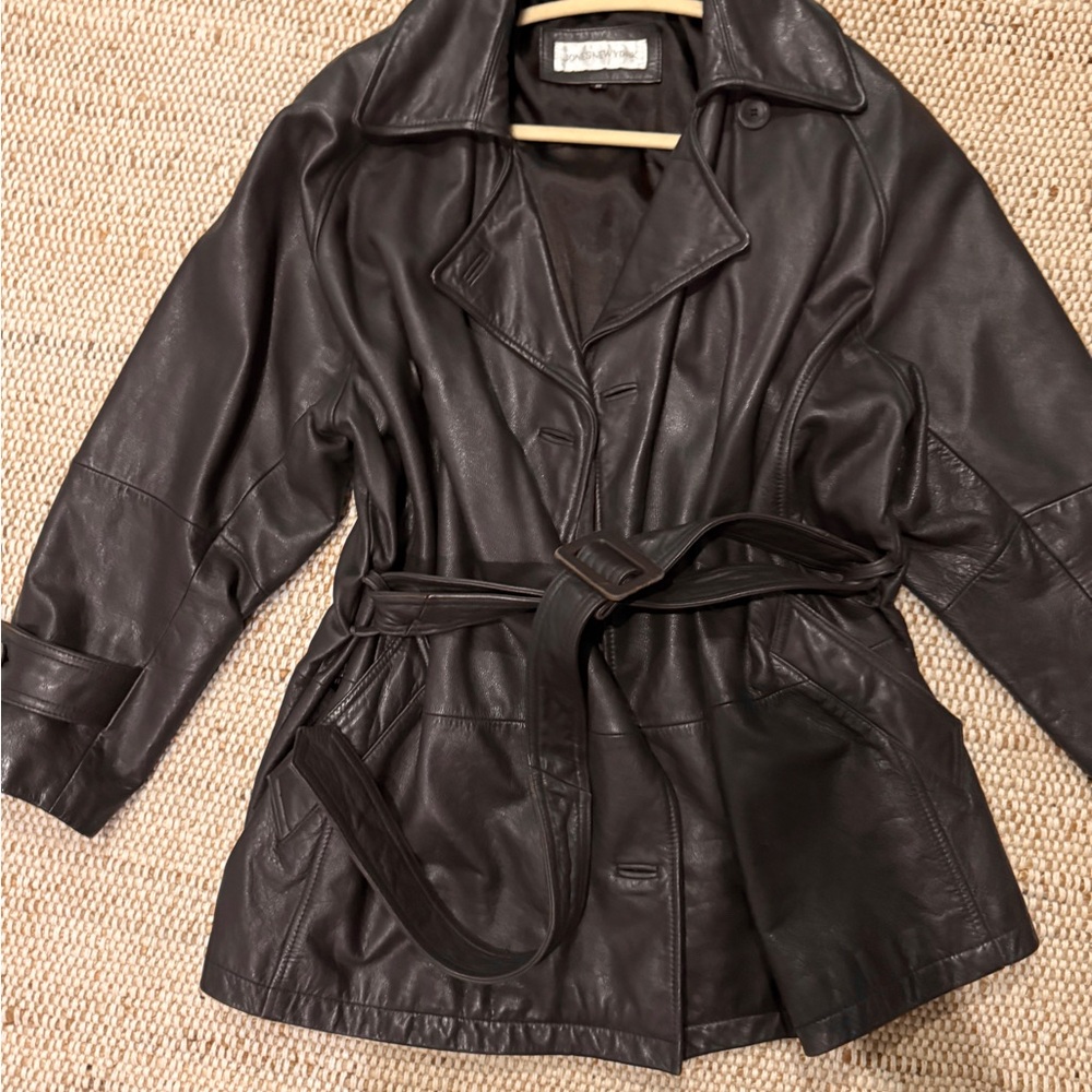 Jones NY Brown Belted  Leather Jacket Coat